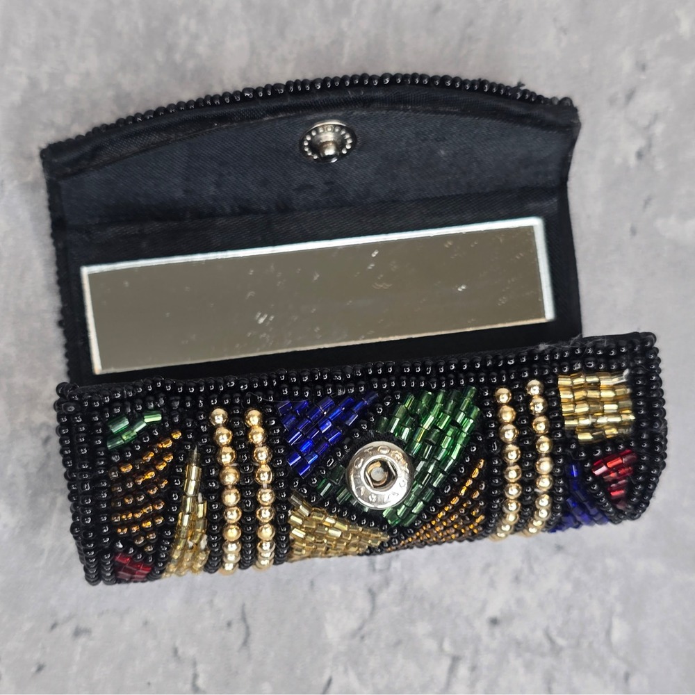 Vintage 80s Beaded Lipstick Case Mirror Geometric Mosaic Black Gold Multi Color - Picture 5 of 8